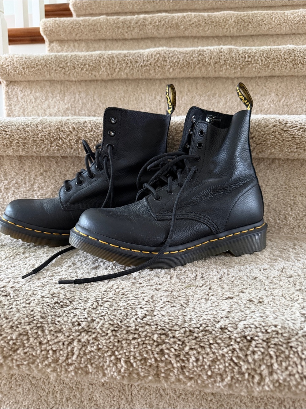Dr. Martens Pascal Black Leather Lace-Up Combat Boots with Yellow Stitching